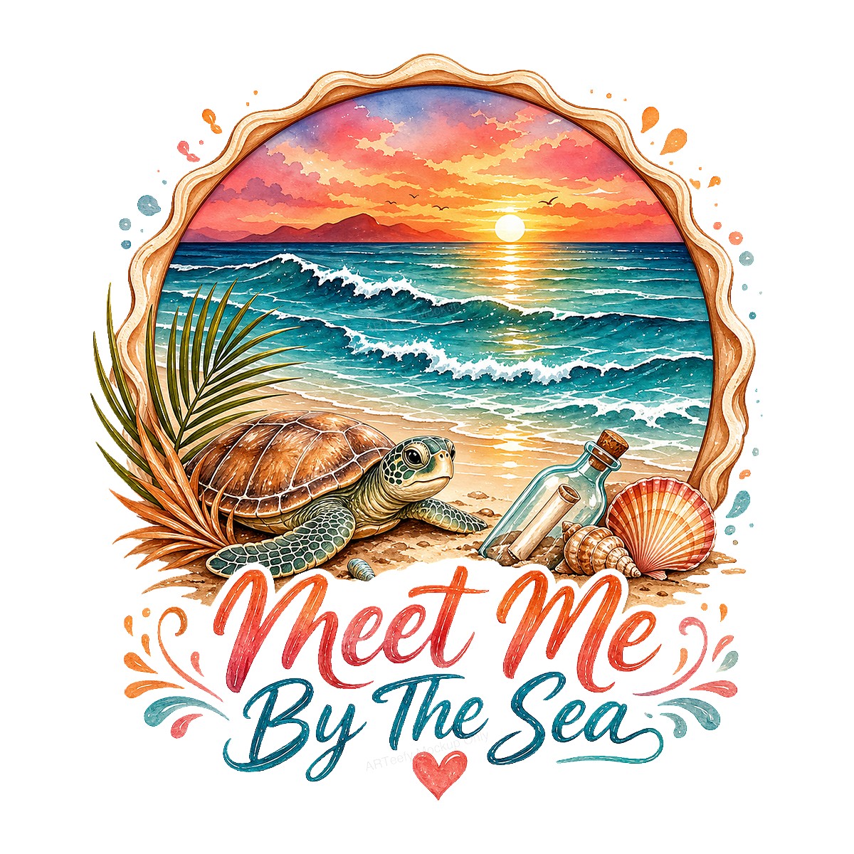 DTF Heat Transfer Meet Me By The Sea Turtle Sunset Beach Graphic for T Shirts Hoodies and Tote Bags - 1