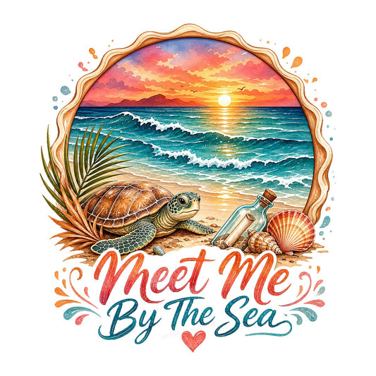 DTF Heat Transfer Meet Me By The Sea Turtle Sunset Beach Graphic for T Shirts Hoodies and Tote Bags - 1