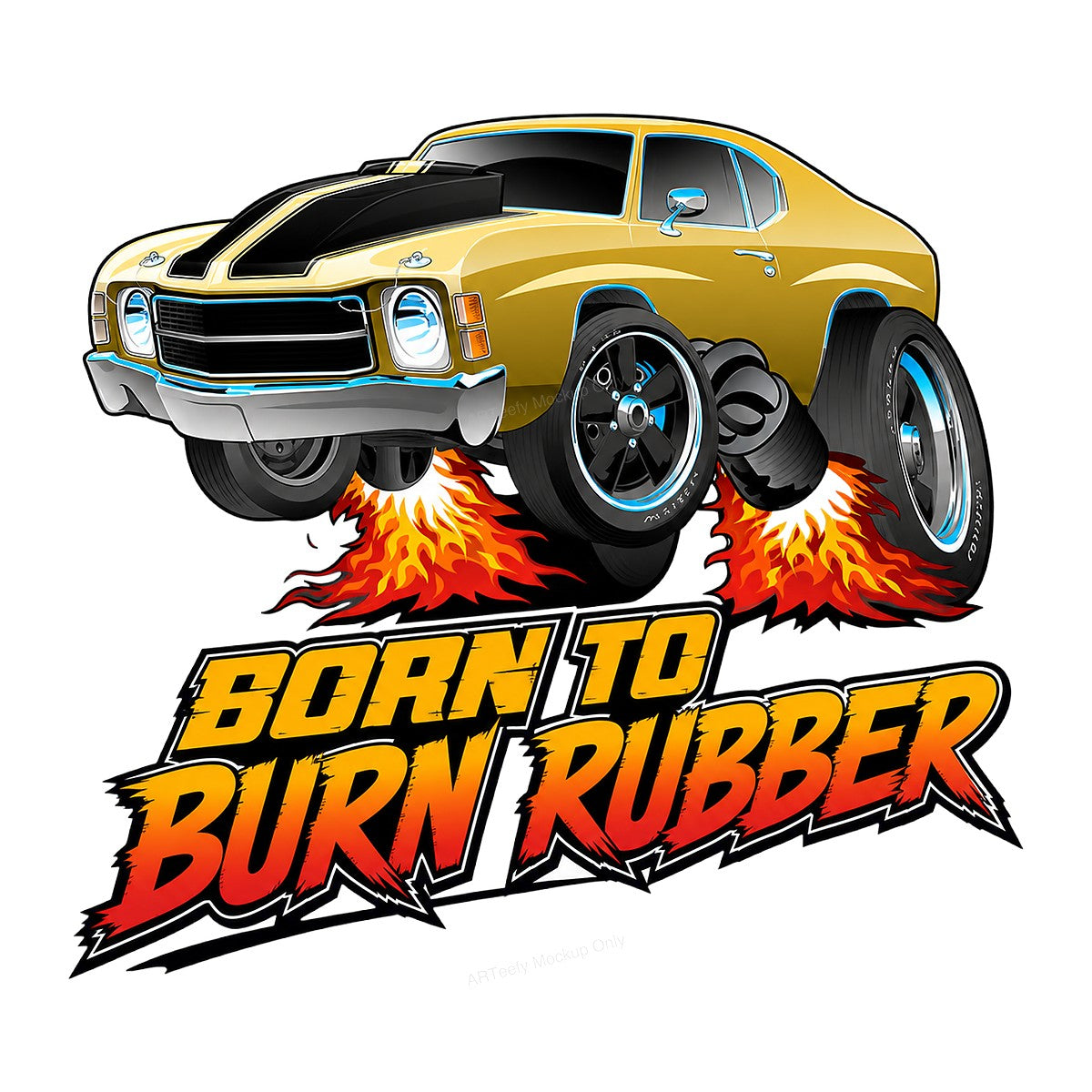 DTF Transfer Born To Burn Rubber Muscle Car Flames Graphic for T Shirts Hoodies and Racing Apparel - 1