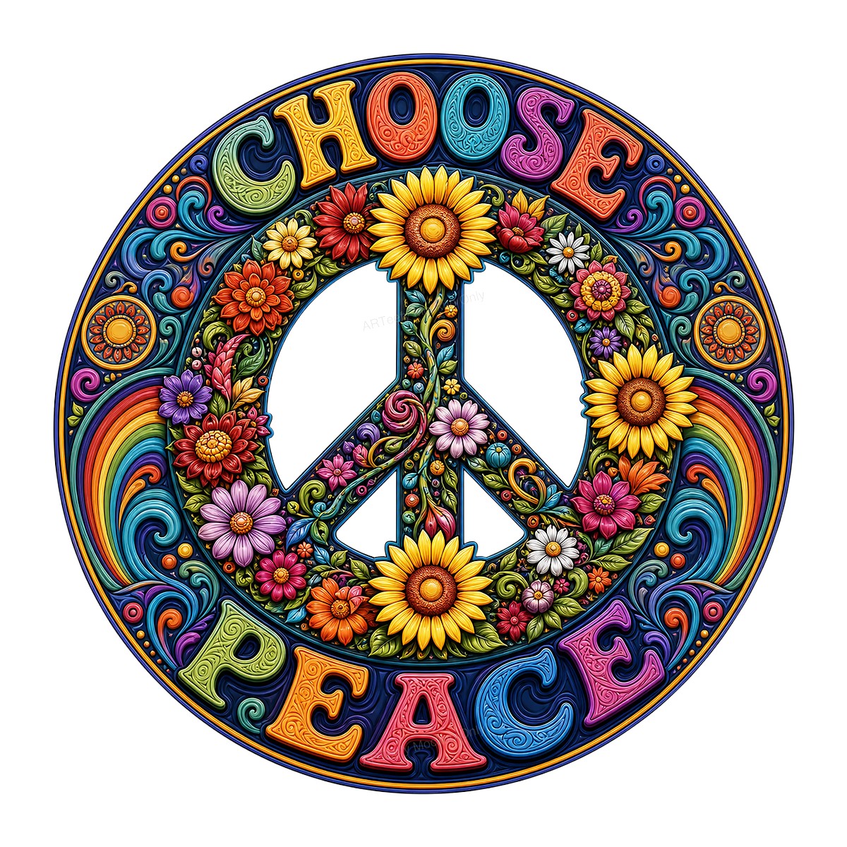 DTF Transfer Choose Peace Floral Rainbow Hippie Peace Sign Graphic for T Shirts Hoodies and Tote Bags - 1