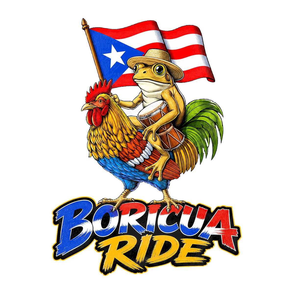 DTF Transfer Boricua Ride Coqui Frog on Rooster with Puerto Rico Flag Graphic for T Shirts Hoodies and Tote Bags - 1