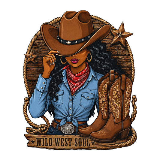 Western Heat Transfer Wild West Soul Cowgirl with Boots Rustic Graphic for T Shirts Hoodies and Tote Bags - 1