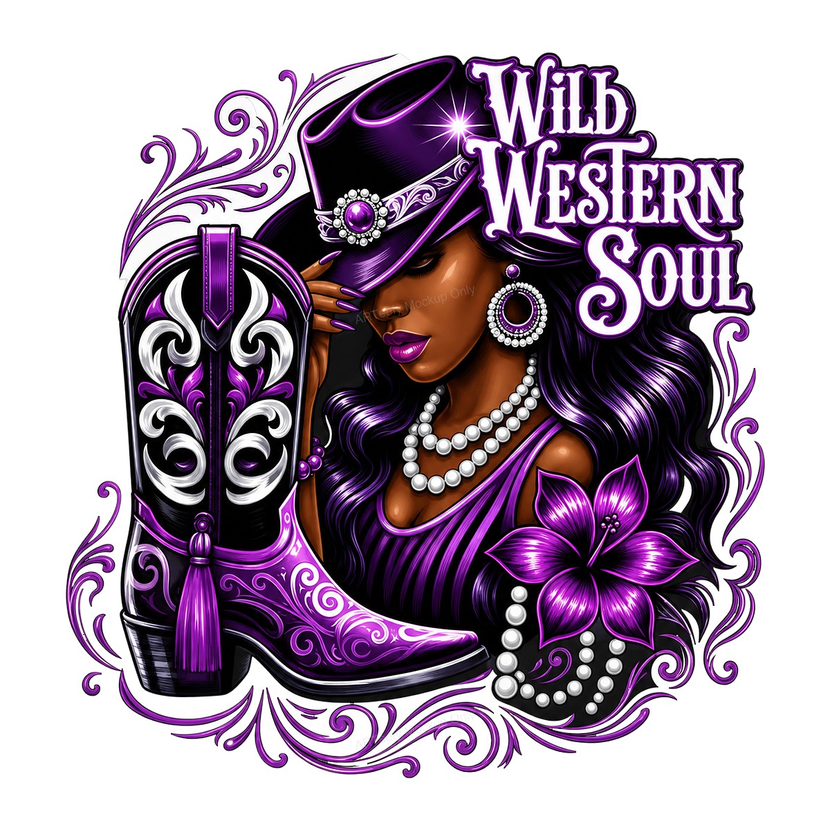 Western Heat Transfer Wild Western Soul Cowgirl with Purple Boot Graphic for T Shirts Hoodies and Tote Bags - 1