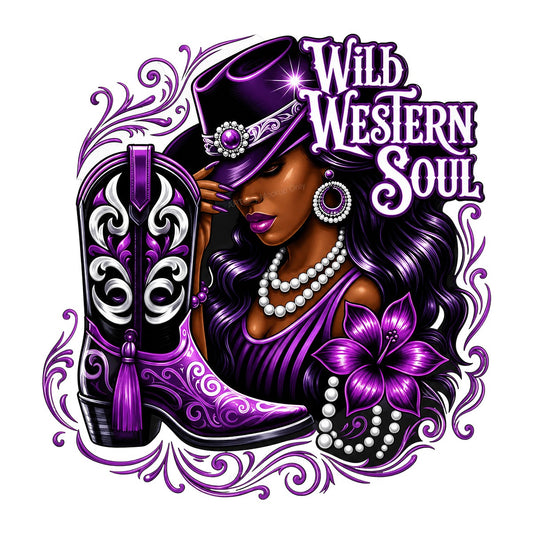 Western Heat Transfer Wild Western Soul Cowgirl with Purple Boot Graphic for T Shirts Hoodies and Tote Bags - 1