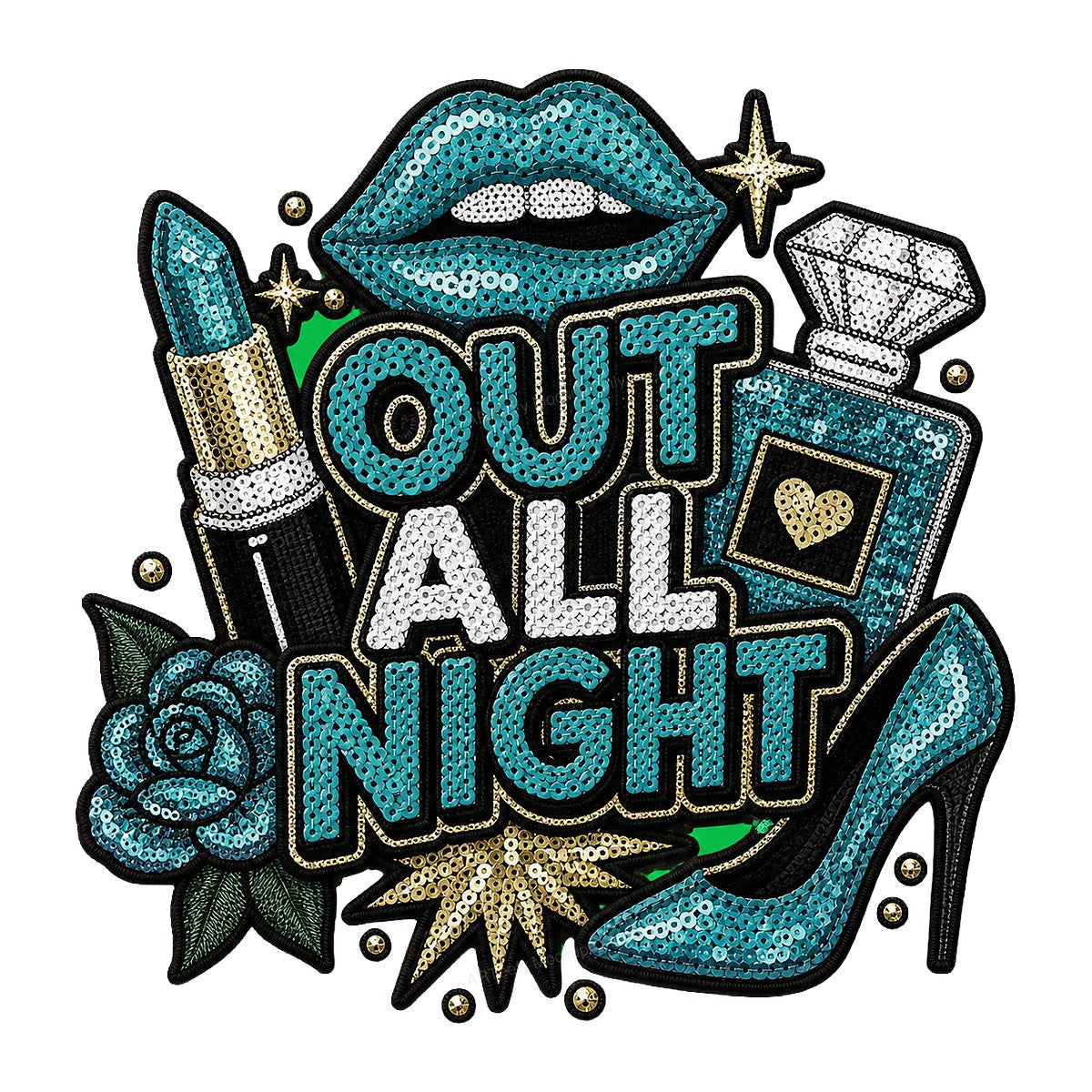 DTF Heat Transfer Out All Night Quote with Sequin Lips Lipstick and High Heel Graphic for Party Shirts Hoodies and Tote Bags - 1