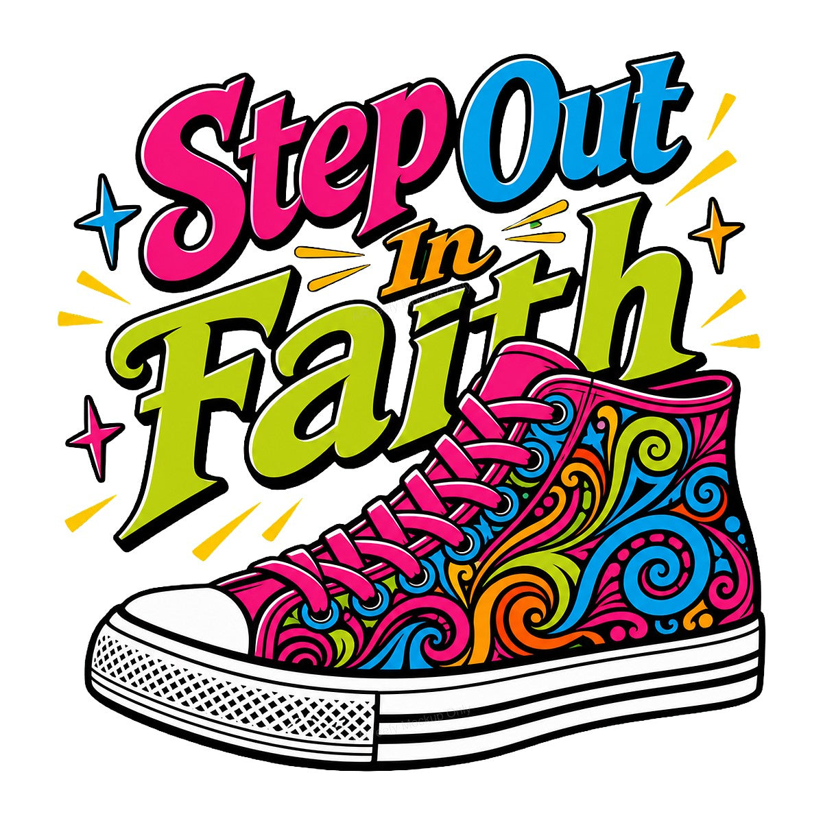 Christian Heat Transfer Step Out In Faith Quote with Colorful Sneaker Graphic for T Shirts Hoodies and Tote Bags - 1