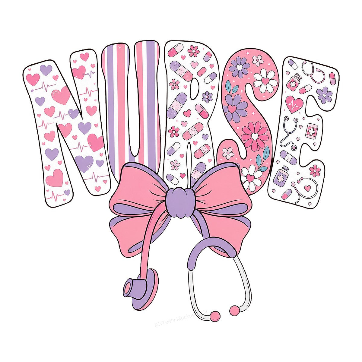 DTF Transfer Nurse Lettering with Pink Bow and Stethoscope Graphic for T Shirts Hoodies and Tote Bags - 1