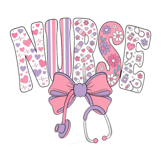 DTF Transfer Nurse Lettering with Pink Bow and Stethoscope Graphic for T Shirts Hoodies and Tote Bags - 1
