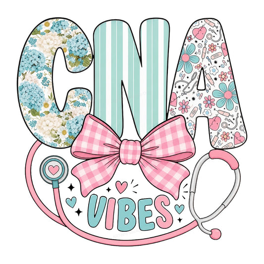 DTF Heat Transfer CNA Vibes Floral Stripe Stethoscope Graphic for T Shirts Hoodies and Nurse Gifts - 1