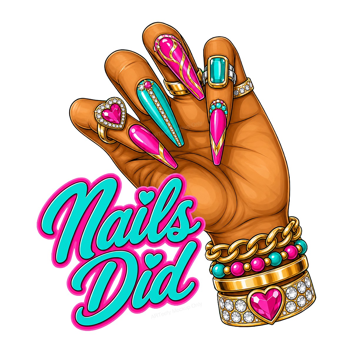 DTF Heat Transfer Nails Did Manicure Hand with Rings Graphic for T Shirts Hoodies and Salon Apparel - 1