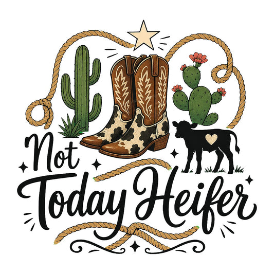 Western Heat Transfer Not Today Heifer Cowgirl Boots Cactus Rope Graphic for T Shirts Hoodies and Tote Bags - 1