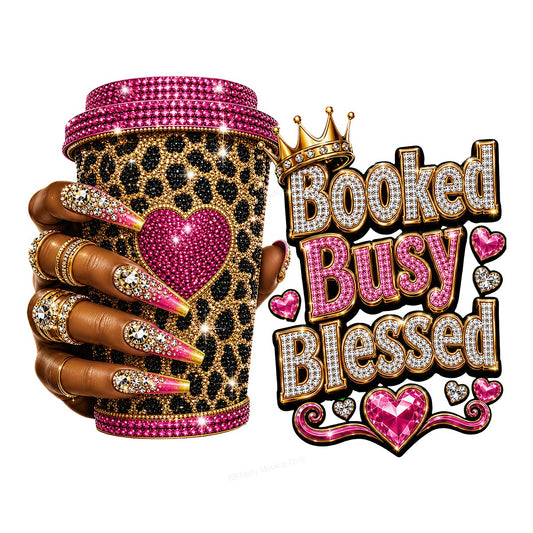 DTF Transfer Booked Busy Blessed Leopard Coffee Cup Bling Graphic for T Shirts Hoodies and Tote Bags - 1