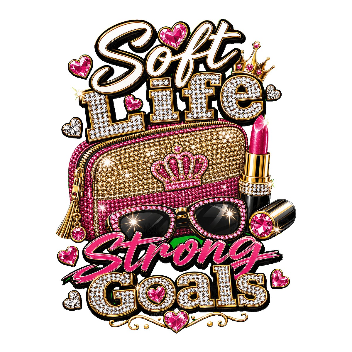 DTF Heat Transfer Soft Life Strong Goals Pink Rhinestone Purse and Lipstick Graphic for T Shirts Hoodies and Tote Bags - 1