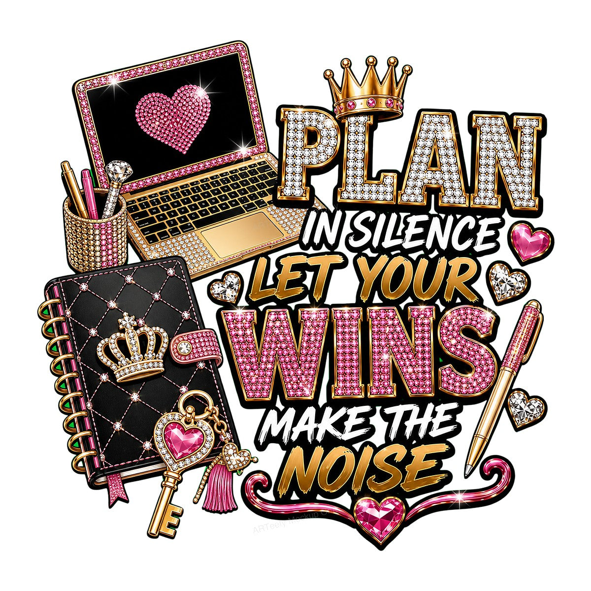 DTF Heat Transfer Plan In Silence Let Your Wins Make The Noise Pink Rhinestone Laptop and Planner Graphic for T Shirts Hoodies and Tote Bags - 1