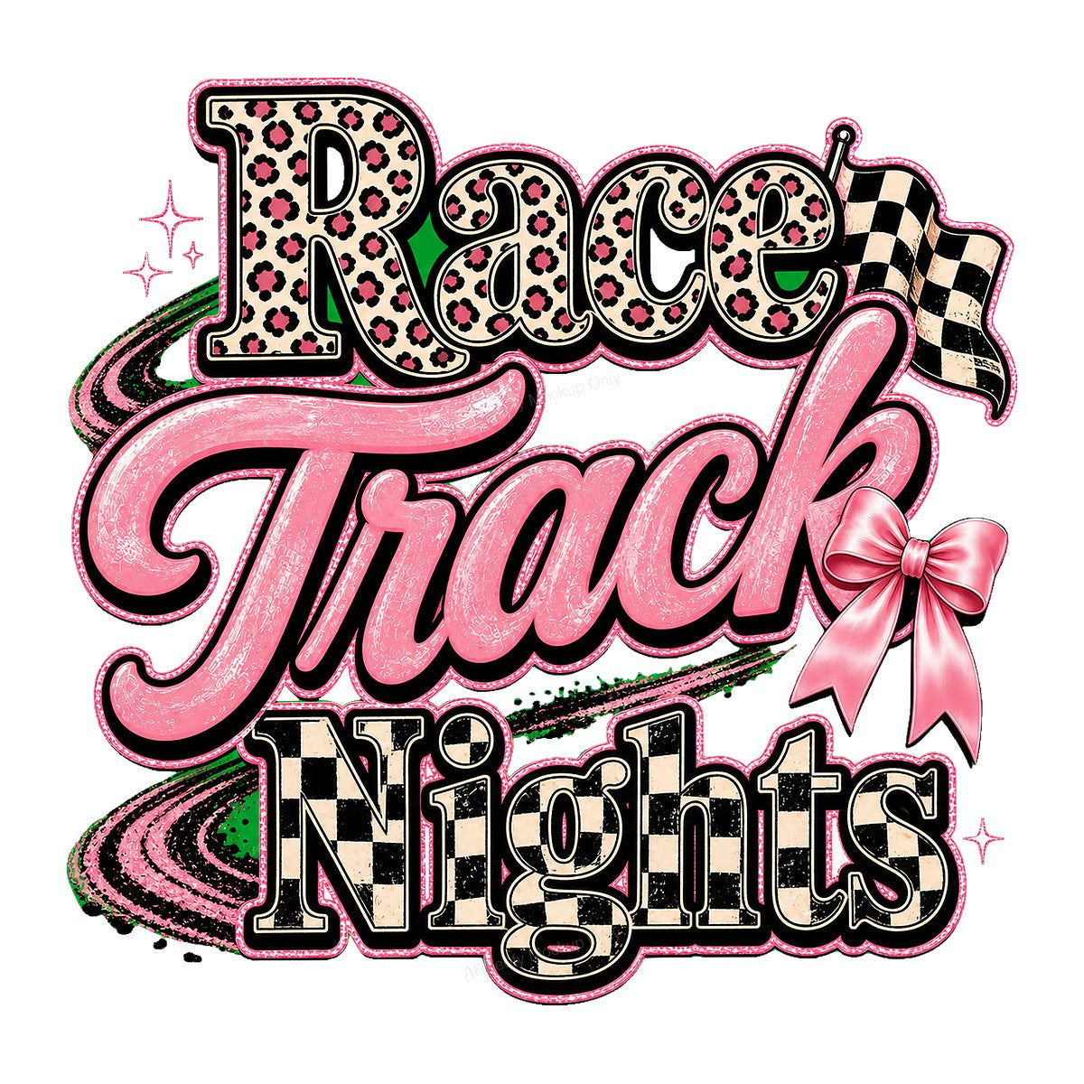 DTF Heat Transfer Race Track Nights Leopard Print Checkered Flag Pink Bow Graphic for T Shirts Hoodies and Tote Bags - 1