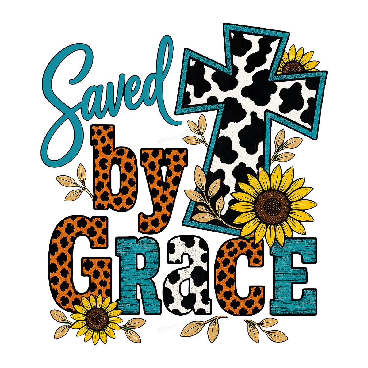 Christian Heat Transfer Saved By Grace Cow Print Cross with Leopard Sunflowers for T Shirts Hoodies and Tote Bags - 1