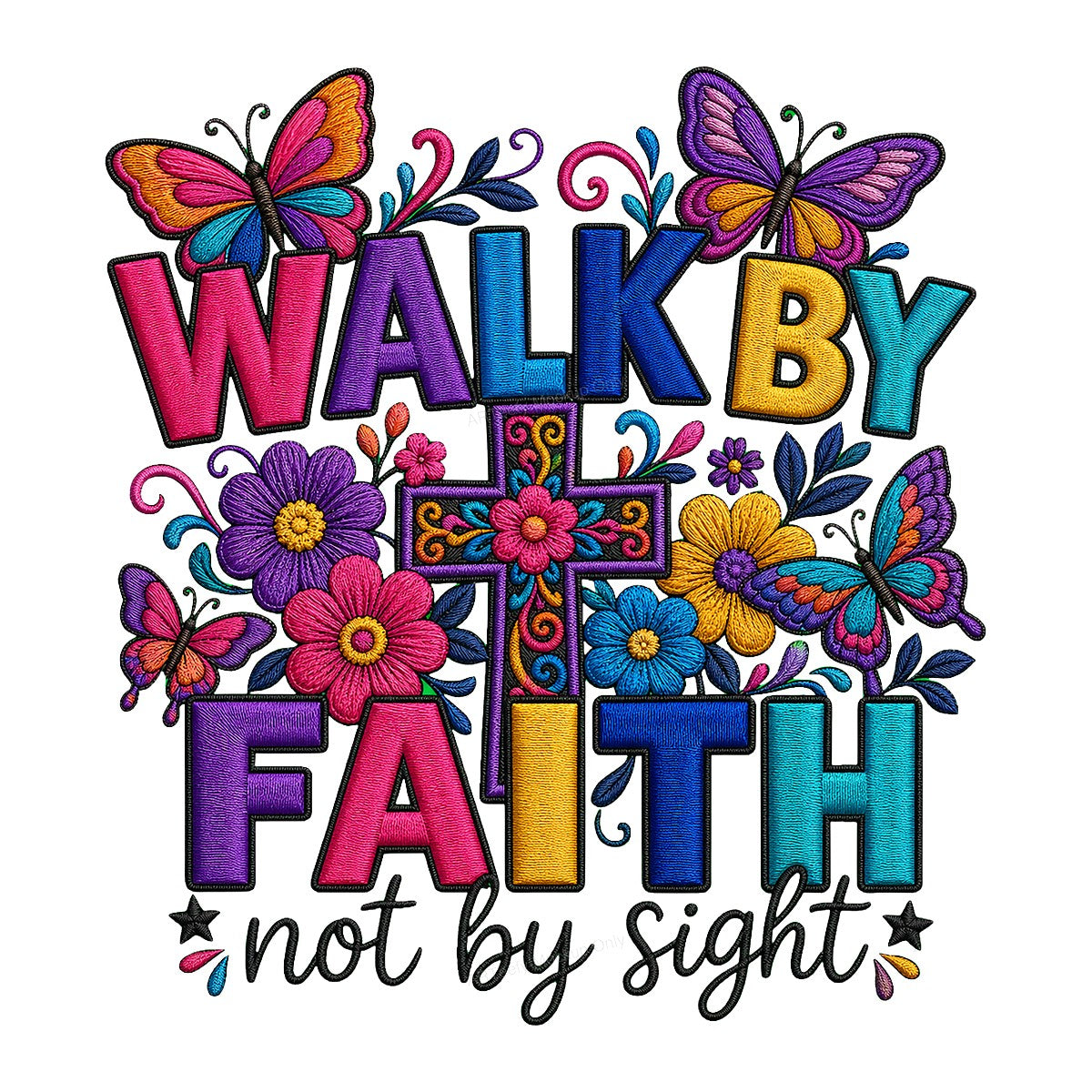 Christian Heat Transfer Walk By Faith Not By Sight Floral Cross and Butterfly Graphic for T Shirts Hoodies and Tote Bags - 1