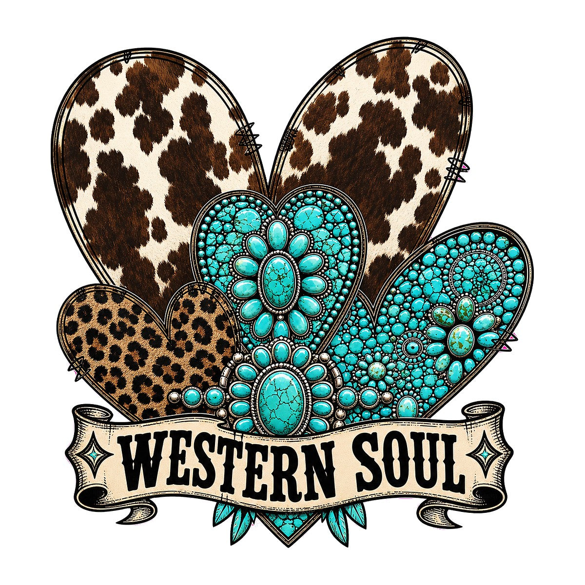 Western Heat Transfer Western Soul Turquoise Concho and Cow Print Hearts Graphic for T Shirts Hoodies and Tote Bags - 1