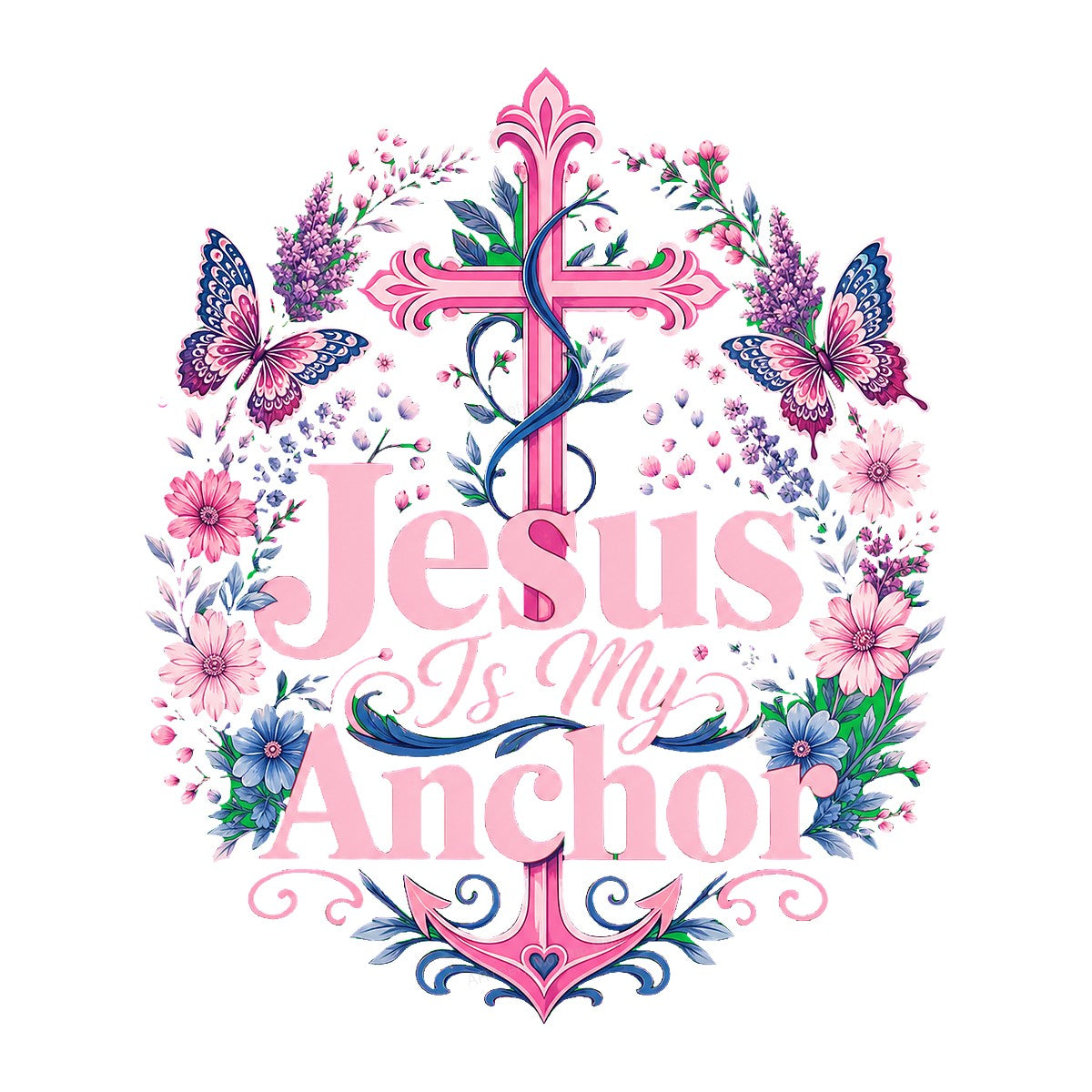 Christian Heat Transfer Jesus Is My Anchor Floral Cross and Butterfly Graphic for T Shirts Hoodies and Tote Bags - 1
