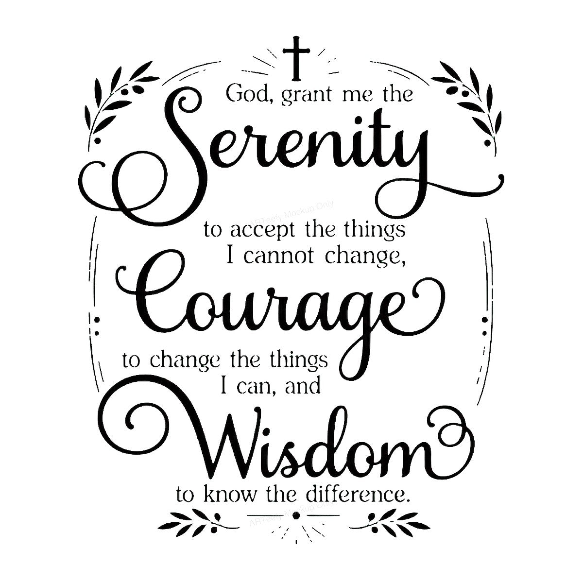 Christian Heat Transfer Serenity Courage Wisdom Prayer Script Graphic for T Shirts Hoodies and Tote Bags - 1