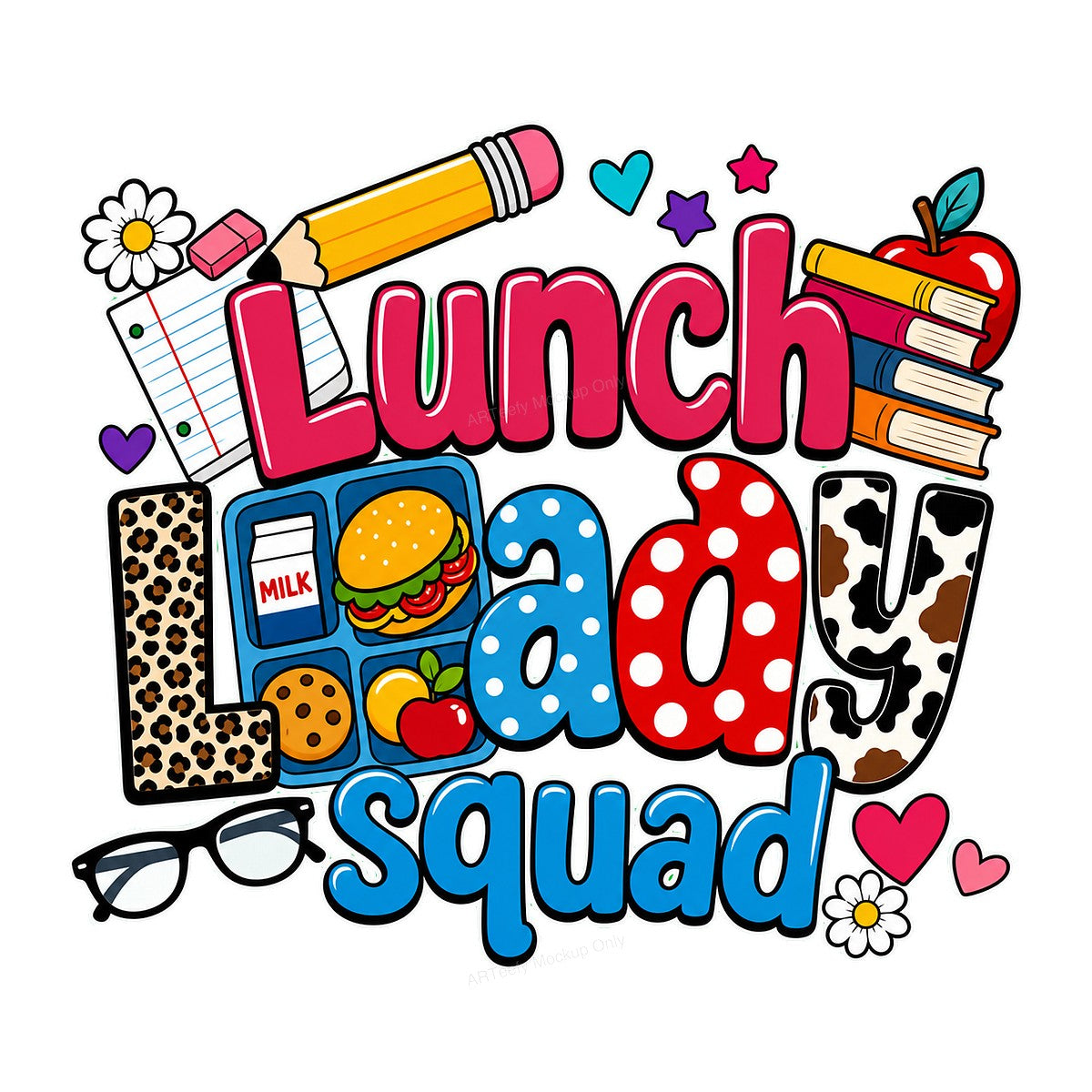 DTF Transfer Lunch Lady Squad Colorful Leopard and Polka Dot School Graphic for T Shirts Hoodies and Teacher Gifts - 1