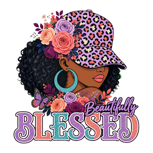 DTF Heat Transfer Beautifully Blessed Black Woman Leopard Hat Floral Graphic for T Shirts Hoodies and Tote Bags - 1
