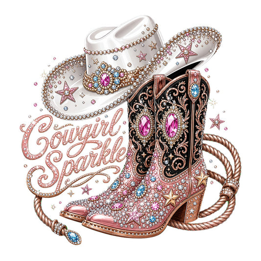 Western Heat Transfer Cowgirl Sparkle Rhinestone Boots and Hat Graphic for T Shirts Hoodies and Tote Bags - 1