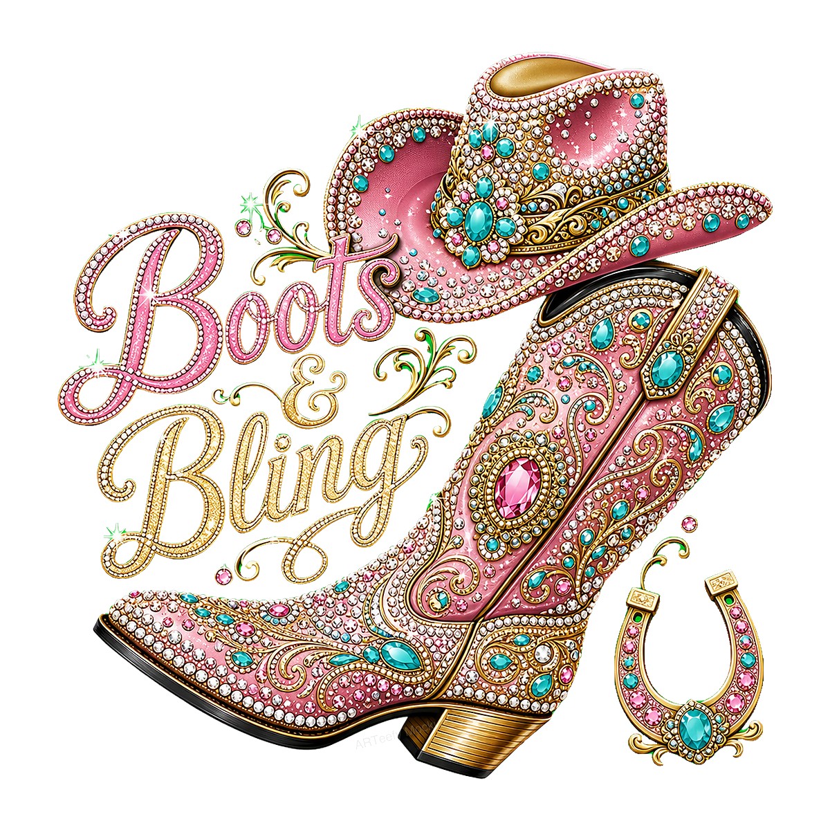 Western Heat Transfer Boots and Bling Pink Rhinestone Cowgirl Boot and Hat Graphic for T Shirts Hoodies and Tote Bags - 1