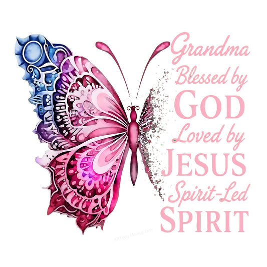 Christian Heat Transfer Grandma Blessed by God Loved by Jesus Butterfly Graphic for T Shirts Hoodies and Gifts - 1