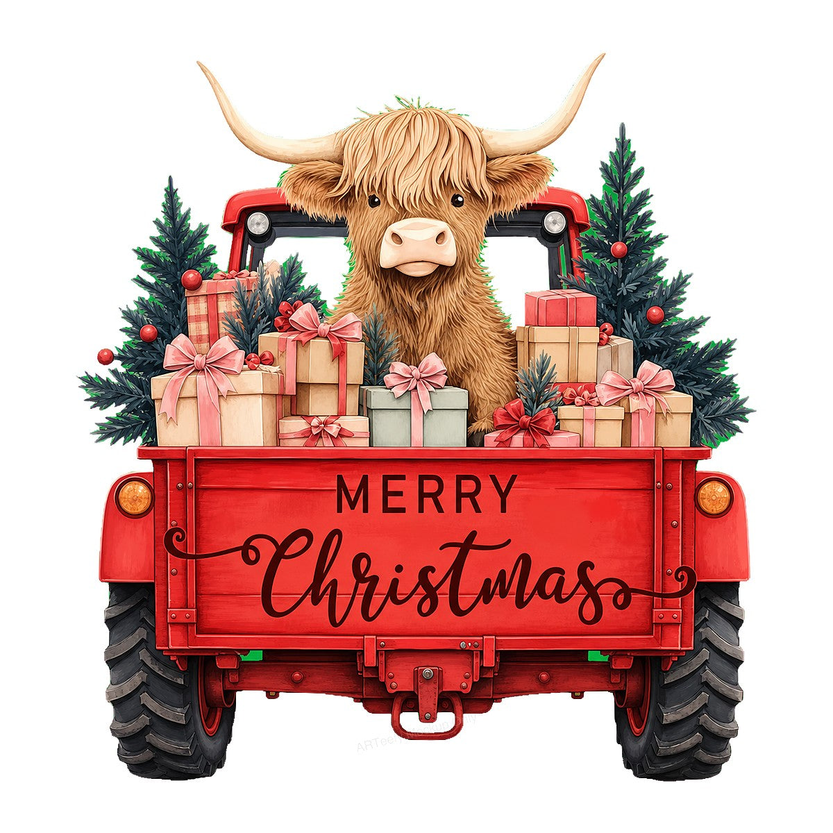 DTF Heat Transfer Merry Christmas Highland Cow in Red Truck Graphic for Holiday Shirts and Gifts - 1