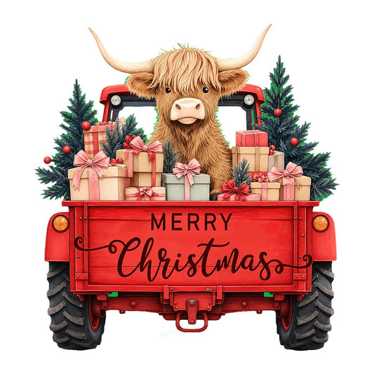 DTF Heat Transfer Merry Christmas Highland Cow in Red Truck Graphic for Holiday Shirts and Gifts - 1