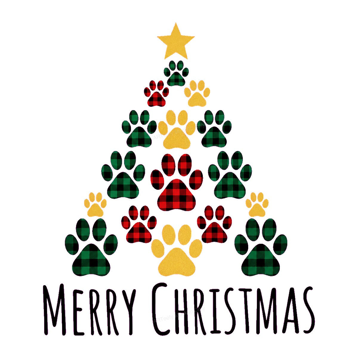 DTF Transfer Merry Christmas Dog Paw Tree Buffalo Plaid Graphic for Holiday Shirts and Pet Lover Apparel - 1