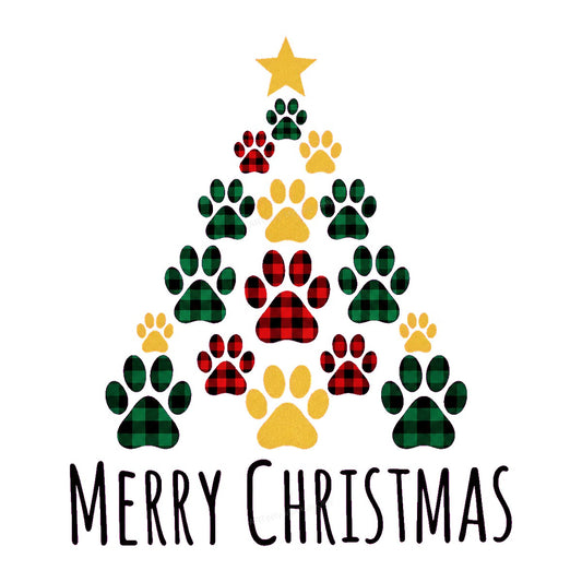 DTF Transfer Merry Christmas Dog Paw Tree Buffalo Plaid Graphic for Holiday Shirts and Pet Lover Apparel - 1