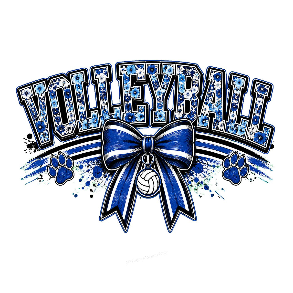 DTF Heat Transfer Volleyball Blue Floral Bow and Paw Print Graphic for T Shirts Hoodies and Team Spirit Apparel - 1