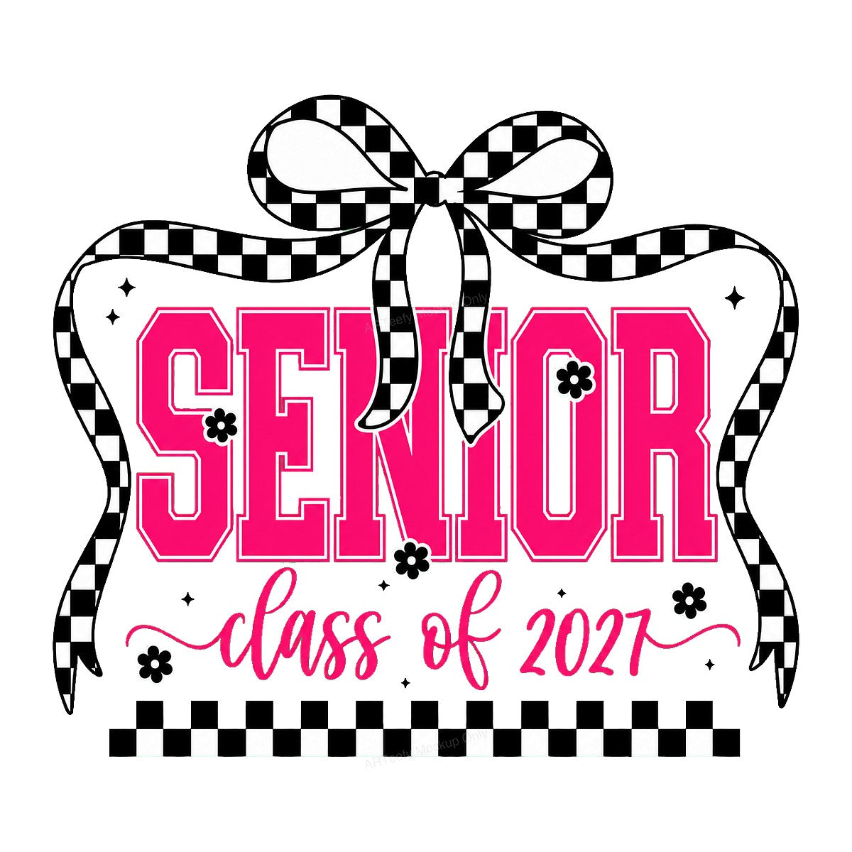 DTF Heat Transfer Senior Class of 2027 Checkered Bow Pink Lettering Graphic for T Shirts Hoodies and Graduation Gifts - 1