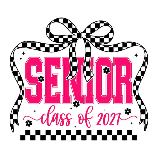 DTF Heat Transfer Senior Class of 2027 Checkered Bow Pink Lettering Graphic for T Shirts Hoodies and Graduation Gifts - 1