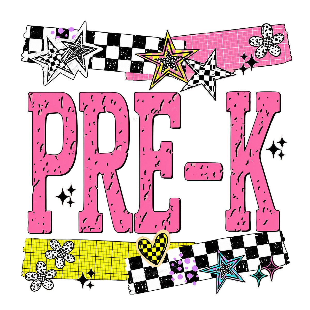 DTF Heat Transfer PRE-K Checkerboard Stars and Hearts Graphic for T Shirts Hoodies and Tote Bags - 1