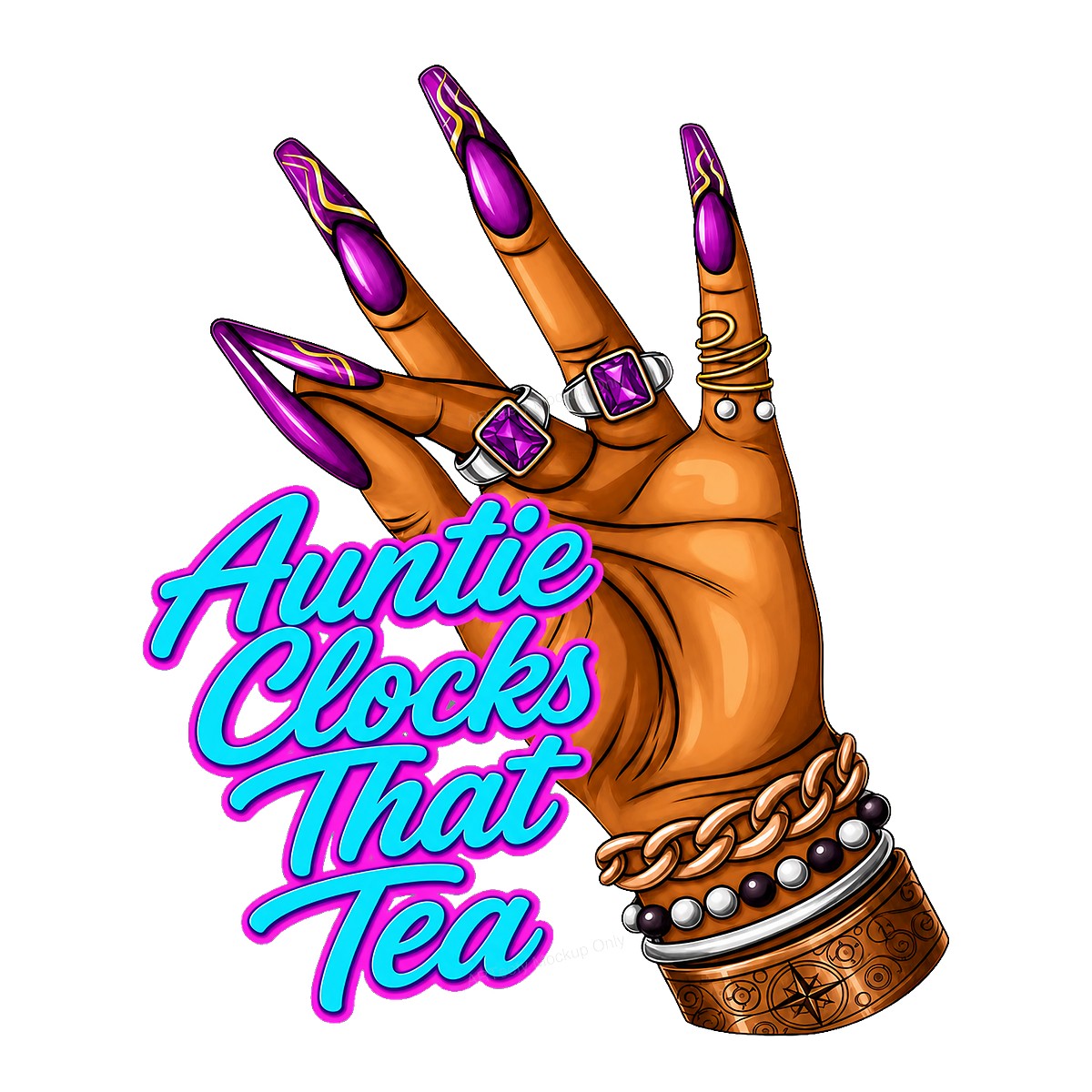 Funny Graphic Transfer Auntie Clocks That Tea Hand with Long Purple Nails Design for T Shirts Hoodies and Tote Bags - 1