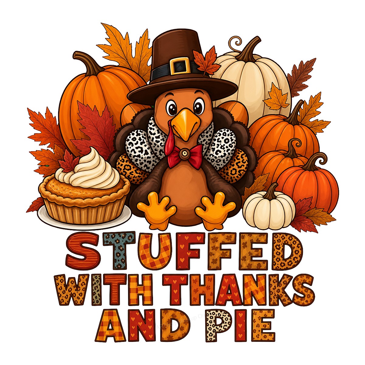 DTF Transfer Stuffed With Thanks And Pie Thanksgiving Turkey Pumpkin Graphic for T Shirts Hoodies and Holiday Shirts - 1