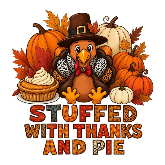 DTF Transfer Stuffed With Thanks And Pie Thanksgiving Turkey Pumpkin Graphic for T Shirts Hoodies and Holiday Shirts - 1