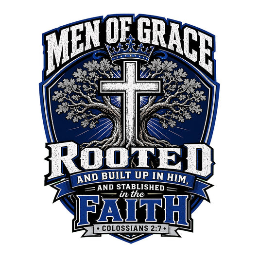 Christian Heat Transfer Men of Grace Rooted in the Faith Cross and Tree Graphic for T Shirts Hoodies and Christian Apparel - 1