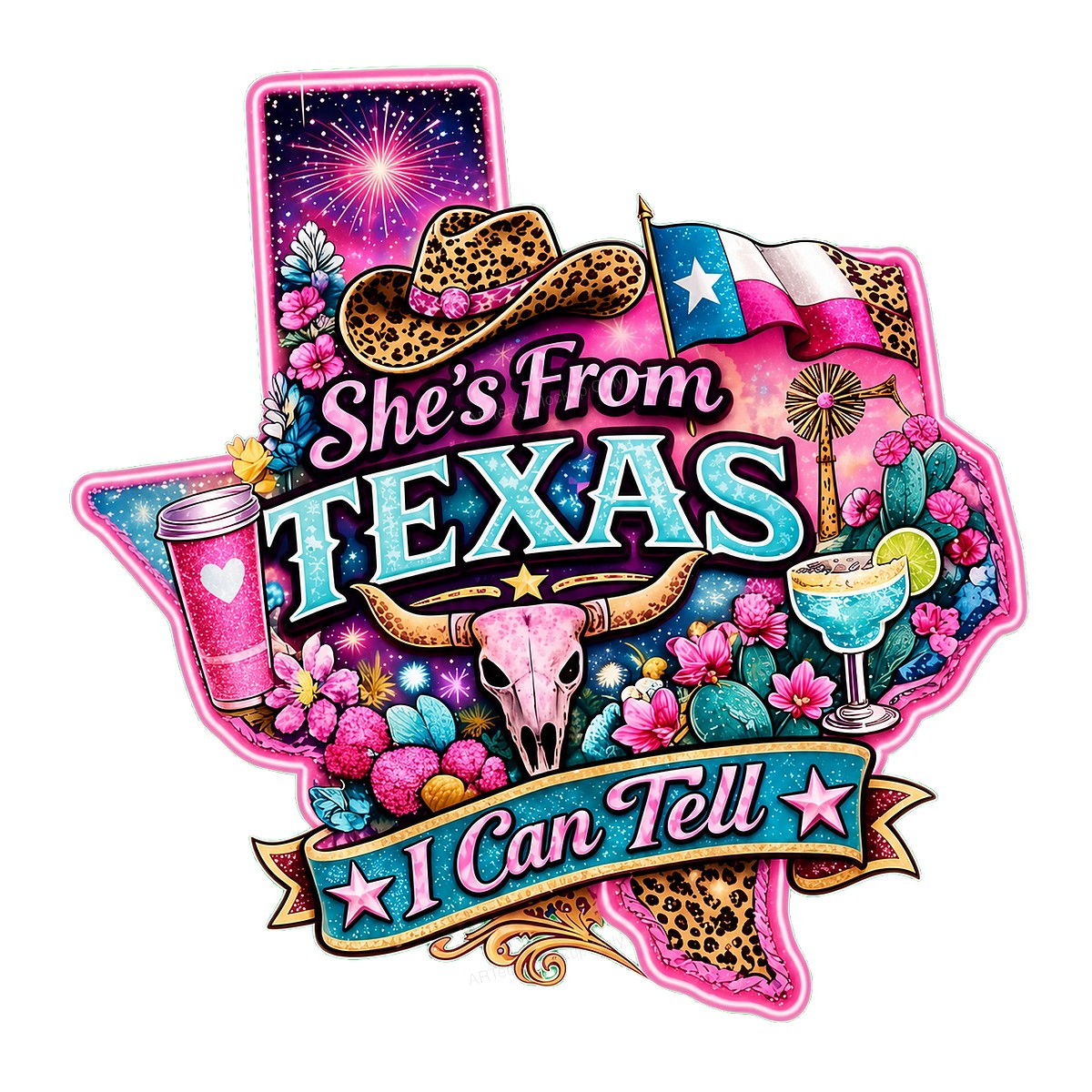 DTF Heat Transfer She’s From Texas I Can Tell Western Cow Skull and Cactus Graphic for T Shirts Hoodies and Tote Bags - 1