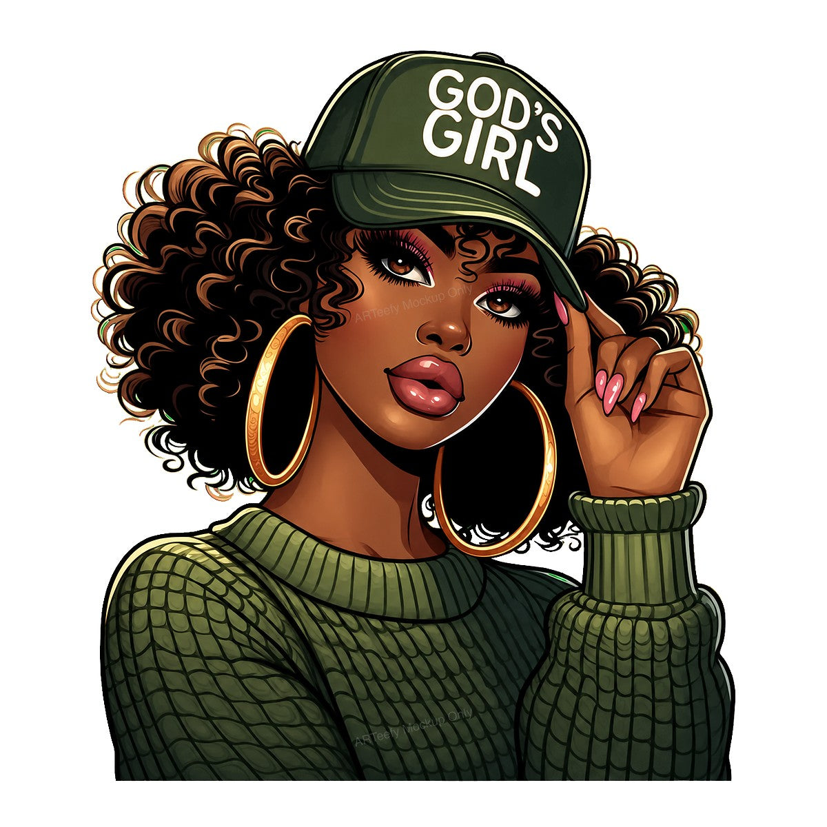 Christian Heat Transfer God’s Girl Afro Woman Graphic with Green Hat for T Shirts Hoodies and Tote Bags - 1