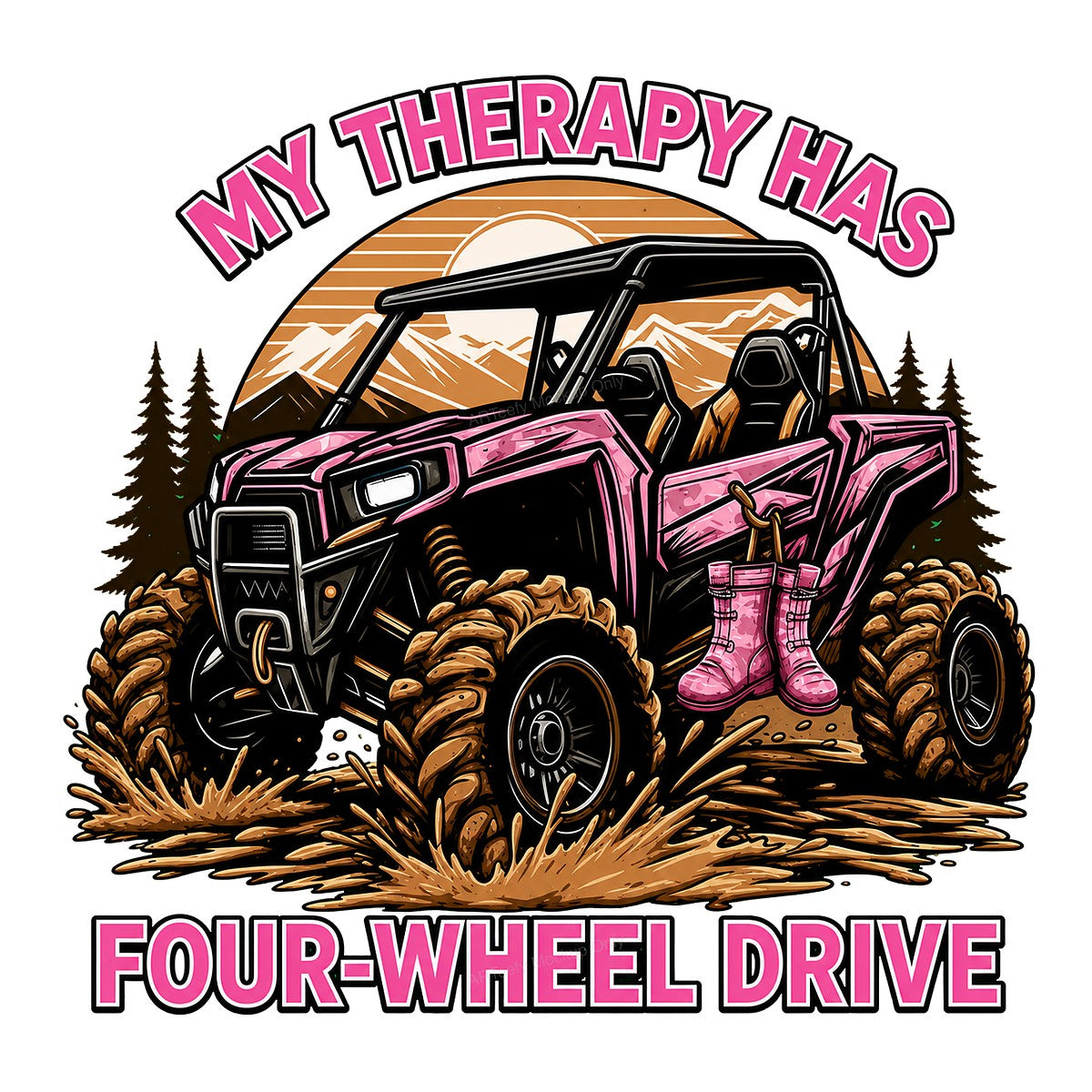 DTF Transfer My Therapy Has Four Wheel Drive Pink ATV Graphic for T Shirts Hoodies and Off Road Apparel - 1