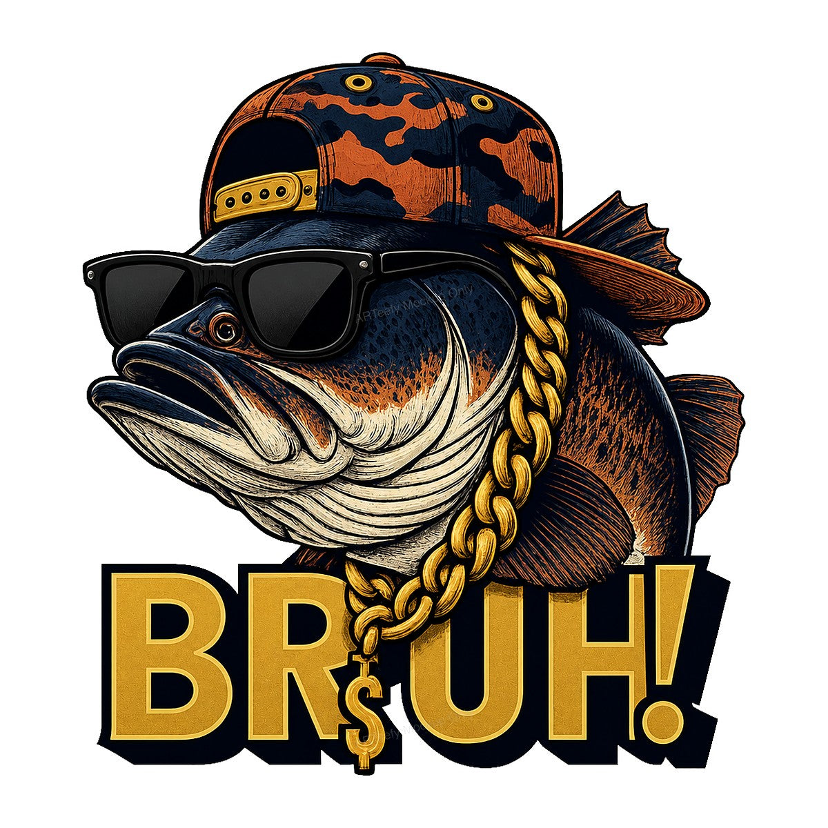Funny Graphic Transfer Bruh Bass Fish with Sunglasses and Gold Chain Streetwear Design for T Shirts Hoodies and Fishing Apparel - 1