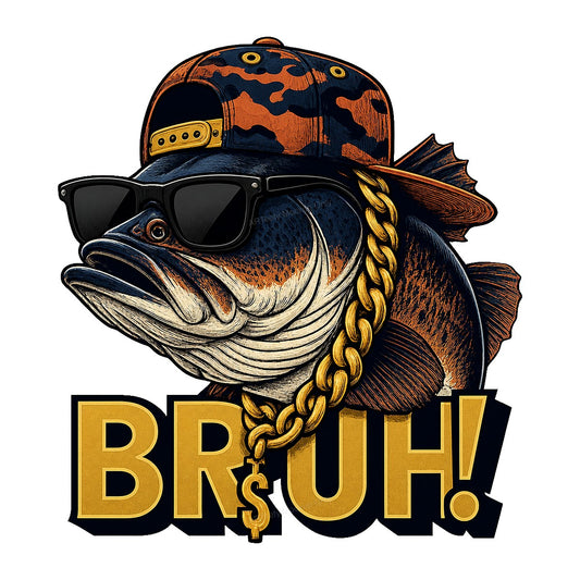Funny Graphic Transfer Bruh Bass Fish with Sunglasses and Gold Chain Streetwear Design for T Shirts Hoodies and Fishing Apparel - 1