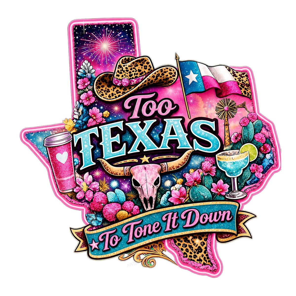 DTF Heat Transfer Too Texas To Tone It Down Western Cowgirl Skull and Cactus Graphic for T Shirts Hoodies and Tote Bags - 1