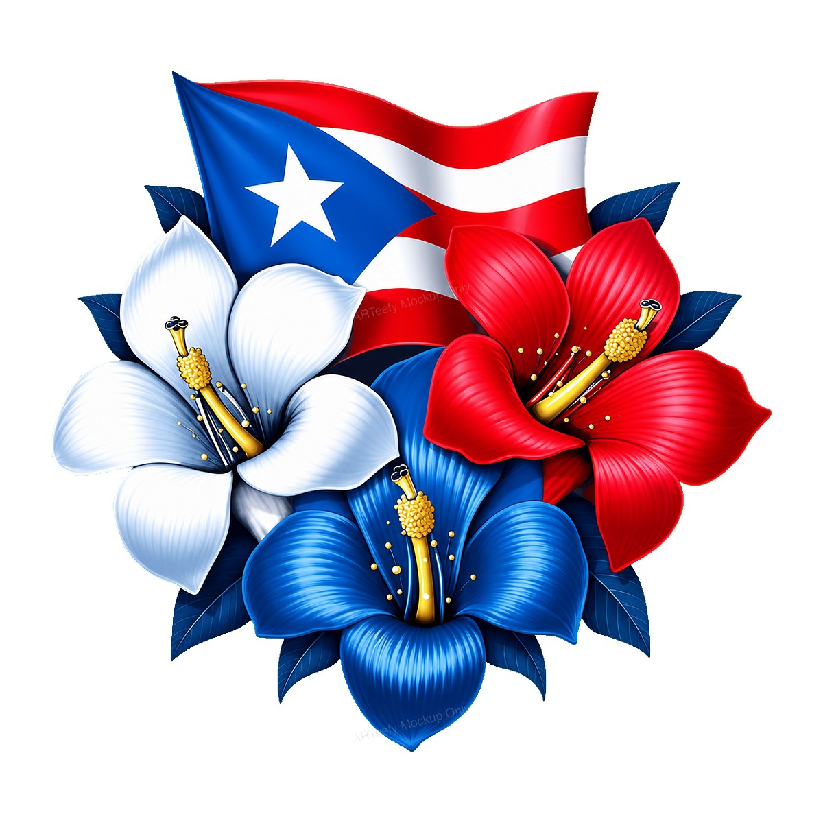DTF Heat Transfer Puerto Rico Flag with Red White Blue Hibiscus Floral Graphic for T Shirts Hoodies and Tote Bags - 1