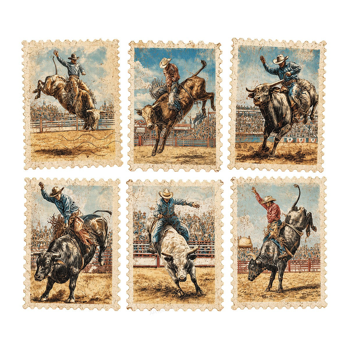 Western Heat Transfer Vintage Rodeo Bull Rider Postage Stamp Graphic for T Shirts Hoodies and Tote Bags - 1