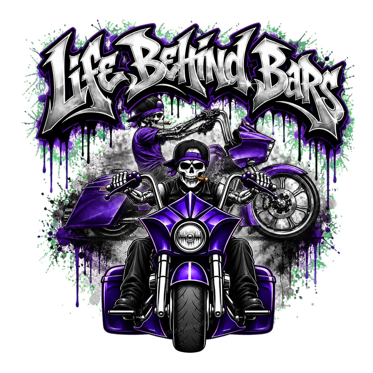 DTF Heat Transfer Life Behind Bars Skeleton Biker Purple Motorcycle Graphic for T Shirts Hoodies and Biker Apparel - 1